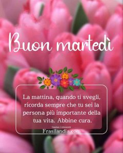 La mattina, quando ti svegli, ricorda sempre che tu sei la persona più importante della tua vita. Abbine cura. Buon martedì.