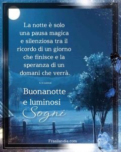 La notte è solo una pausa magica e silenziosa tra il ricordo di un giorno che finisce e la speranza di un domani che verrà. Buonanotte e luminosi sogni.