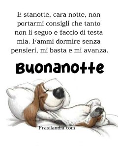 E stanotte, cara notte, non portarmi consigli che tanto non li seguo e faccio di testa mia. Fammi dormire senza pensieri, mi basta e mi avanza. Buonanotte.