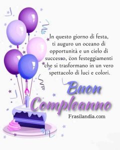 In questo giorno di festa, ti auguro un oceano di opportunità e un cielo di successo, con festeggiamenti che si trasformano in un vero spettacolo di luci e colori. Buon compleanno.