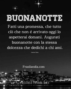 Fatti una promessa, che tutto ciò che non è arrivato oggi lo aspetterai domani. Augurati buonanotte con la stessa dolcezza che dedichi a chi ami. Buonanotte.