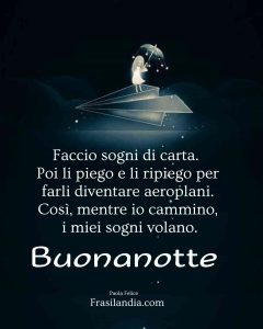 Faccio sogni di carta. Poi li piego e li ripiego per farli diventare aeroplani. Così, mentre io cammino, i miei sogni volano. Buonanotte.