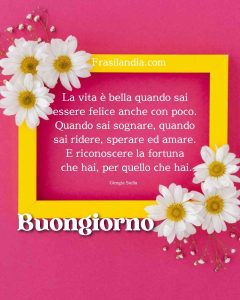 La vita è bella quando sai essere felice anche con poco. Quando sai sognare, quando sai ridere, sperare ed amare. E riconoscere la fortuna che hai, per quello che hai. Buongiorno.