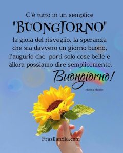 C'è tutto in un semplice "buongiorno": la gioia del risveglio, la speranza che sia davvero un giorno buono, che si avveri il nostro sogno più grande, l'augurio che ci porti solo cose belle e allora possiamo dire semplicemente buongiorno.